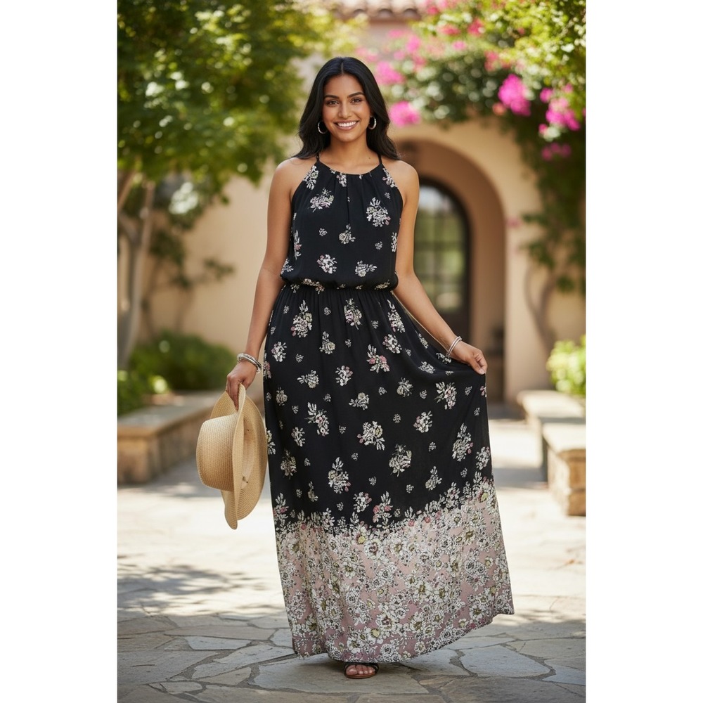 Maurices Black‎ Floral Halter Maxi Dress S Wedding Cruise Vacation Cottagecore